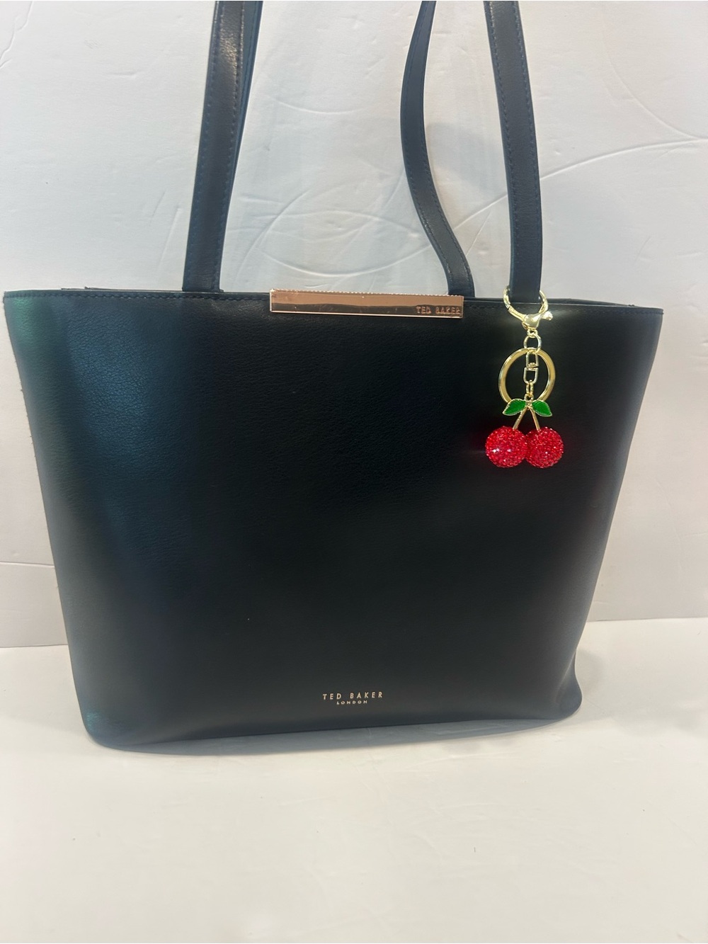 Ted Baker London Black Coated Bovine Leather Tote Bag Rose Gold Bag Cherry Charm